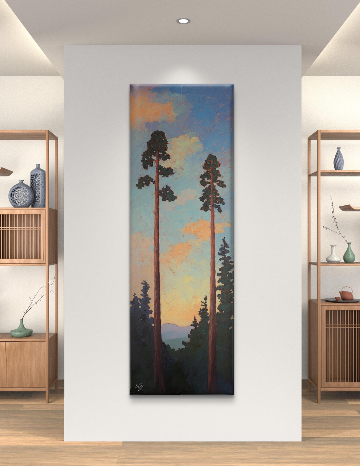 Mountain Sunset Art, Pine Tree Wall Decor, Vertical Forest Art, Tranquil Nature Print, Framed Sunset Forest, Peaceful Living Room Art, Pine Tree Decor