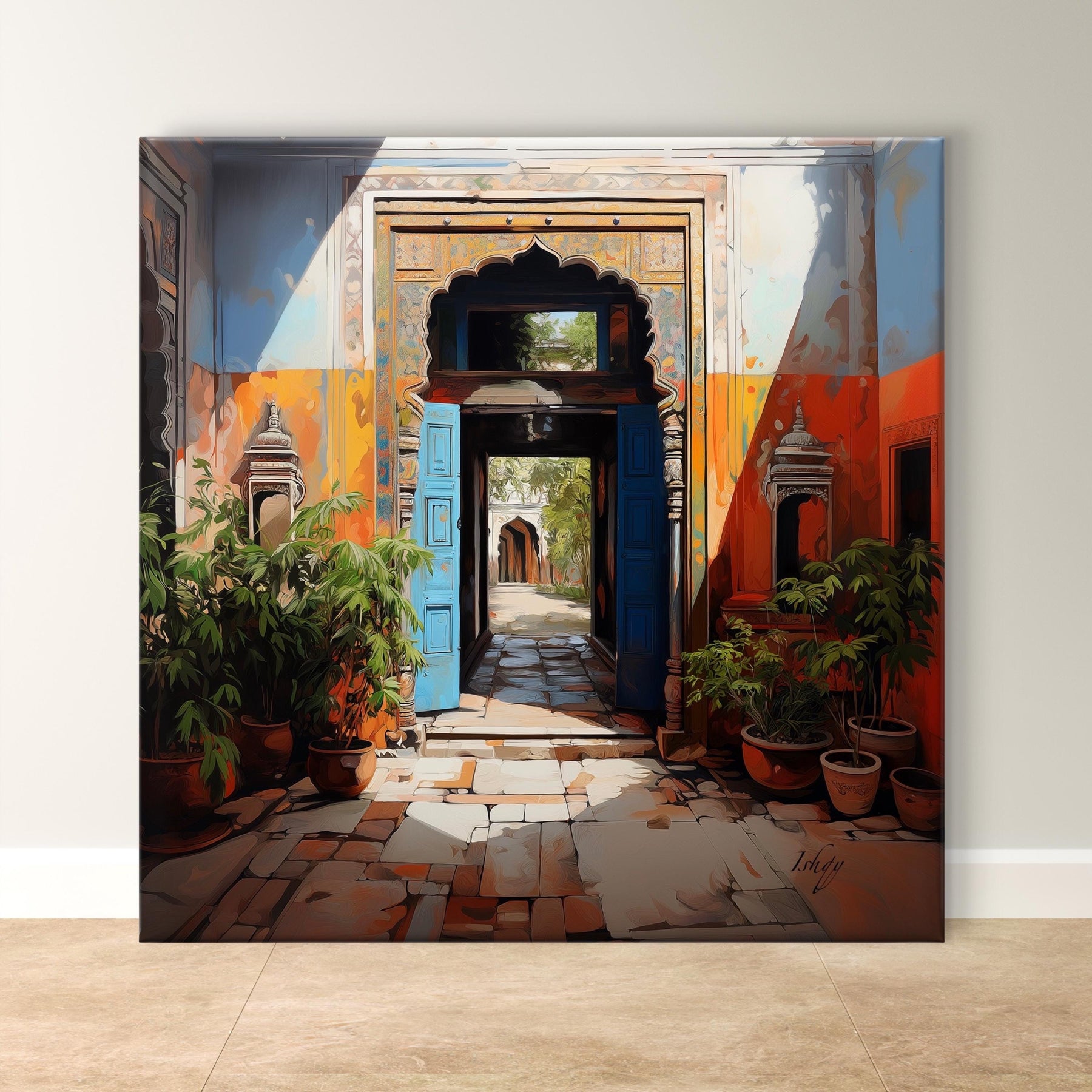 Indian Haveli Wall Art, Historic Archway Print, Vibrant Rajasthan Decor, Blue Door Painting, Courtyard Entrance Art, India Home Gift