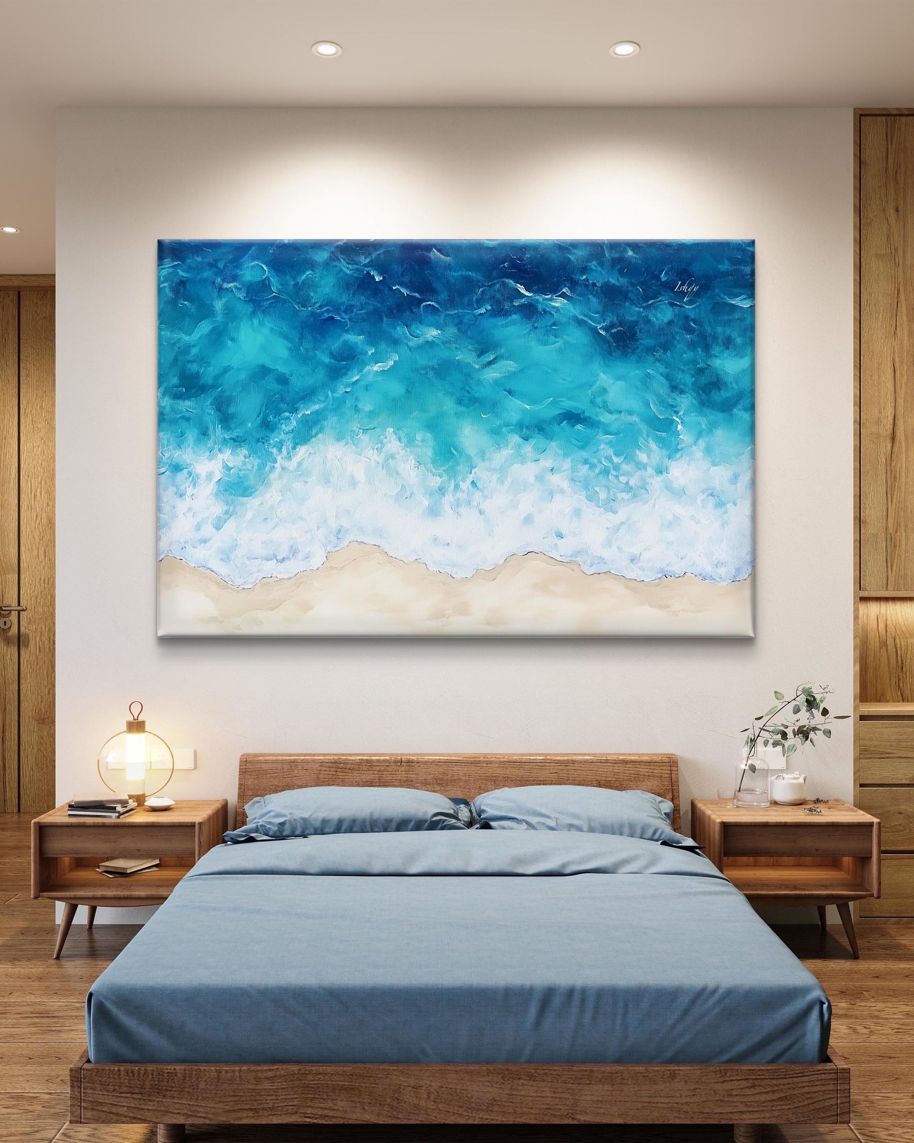 Beach shore wall art featuring a tranquil ocean shoreline and blue waves. Ideal for coastal decor, this serene canvas brings the calming beauty of the beach into any space. ​​