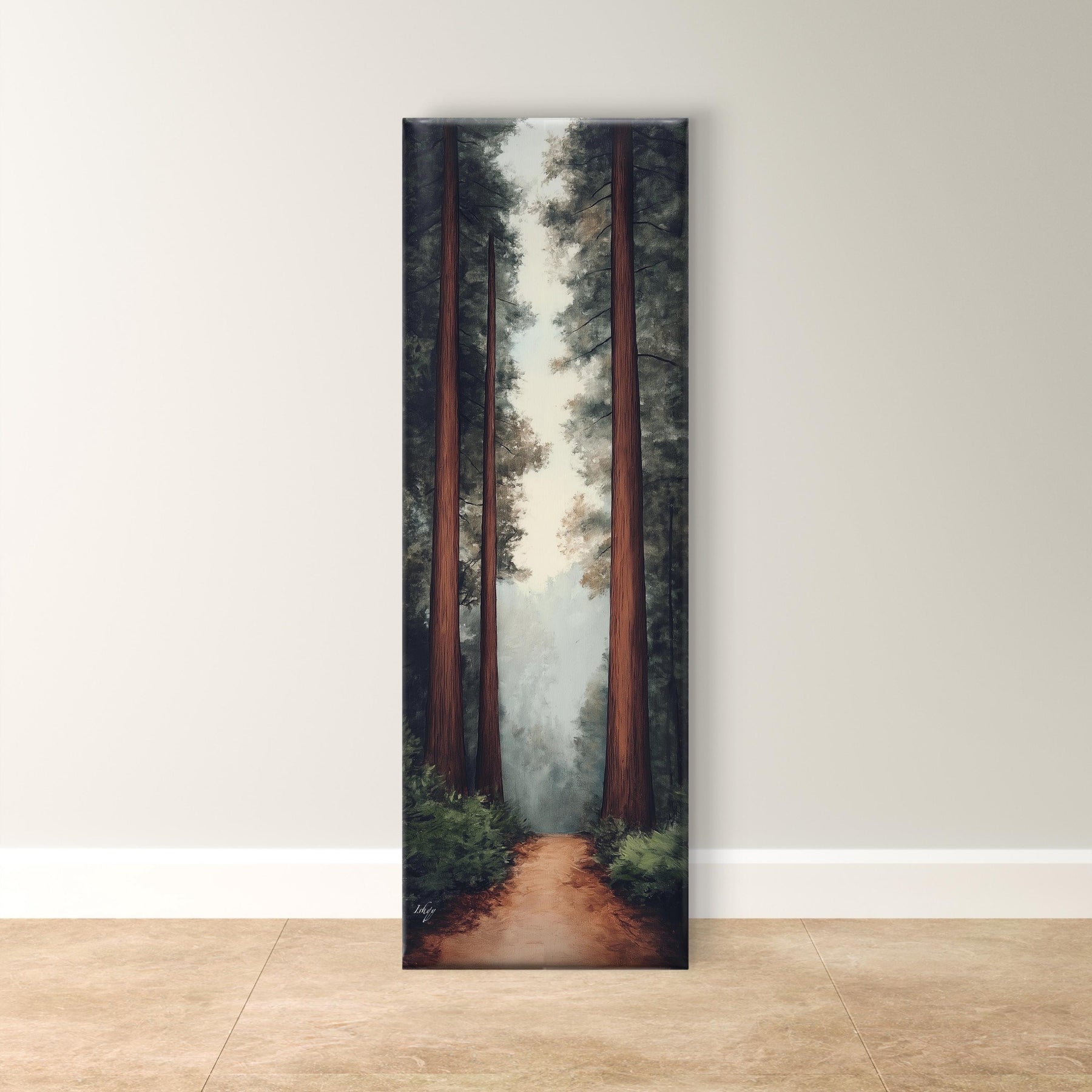 Tall Tree Art, Forest Path Print, Serene Woodland Wall Art, Framed Nature Decor, Long Canvas, Living Room Art, Framed Forest Landscape, Hallway Decor