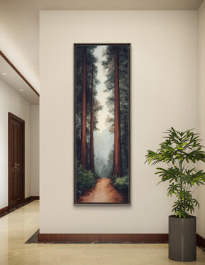 Tall Tree Art, Forest Path Print, Serene Woodland Wall Art, Framed Nature Decor, Long Canvas, Living Room Art, Framed Forest Landscape, Hallway Decor