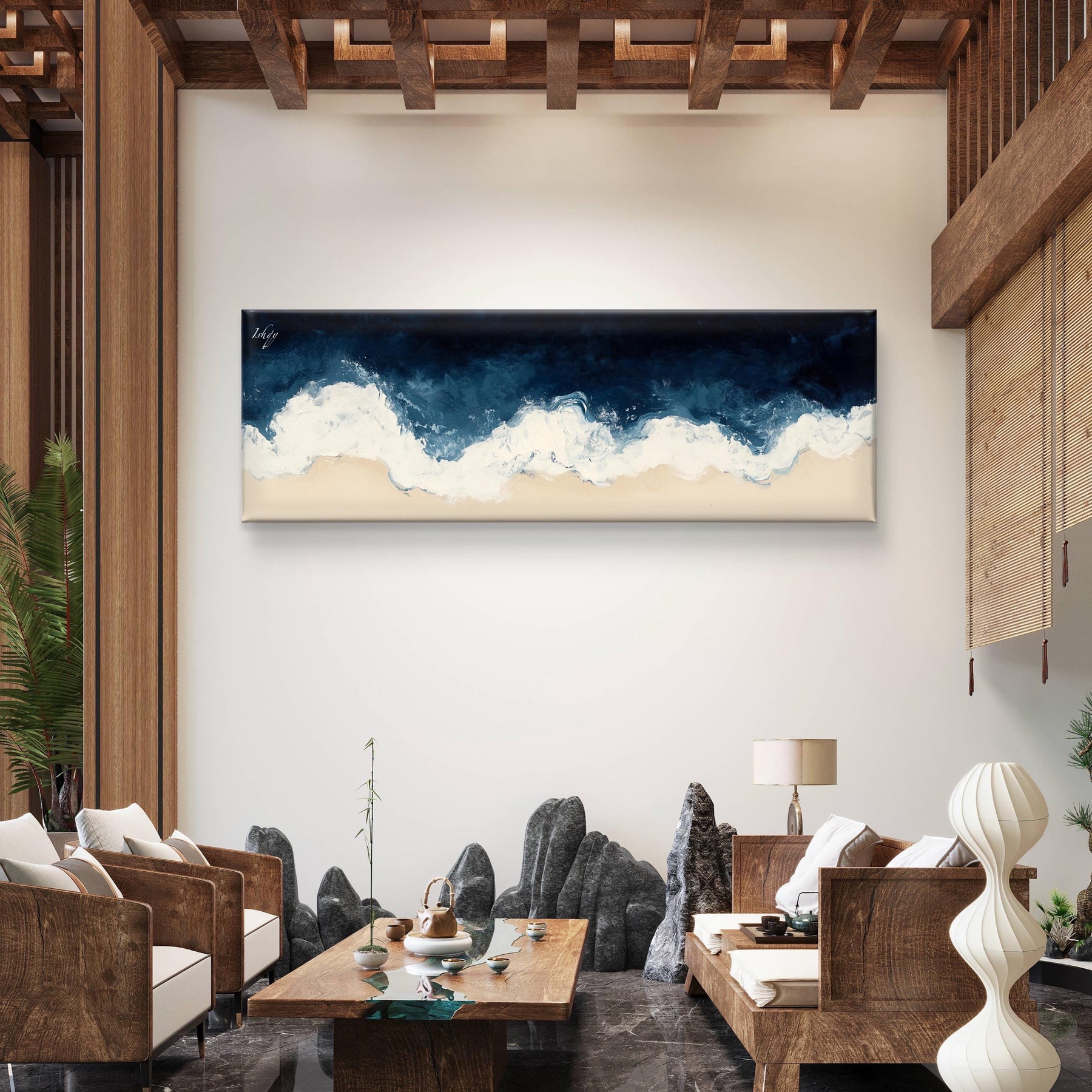 Ocean wave decor featuring a tranquil beach scene with minimalist style. Ideal for coastal and nautical decor, this serene canvas brings the calming beauty of the shore indoors. ​​