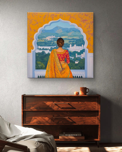Aangan-e-Udaipur artwork features a Rajasthani woman admiring Udaipur's beauty through an ornate palace archway.