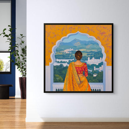 Aangan-e-Udaipur showcases a Rajasthani woman admiring Udaipur's beauty through a regal palace archway.