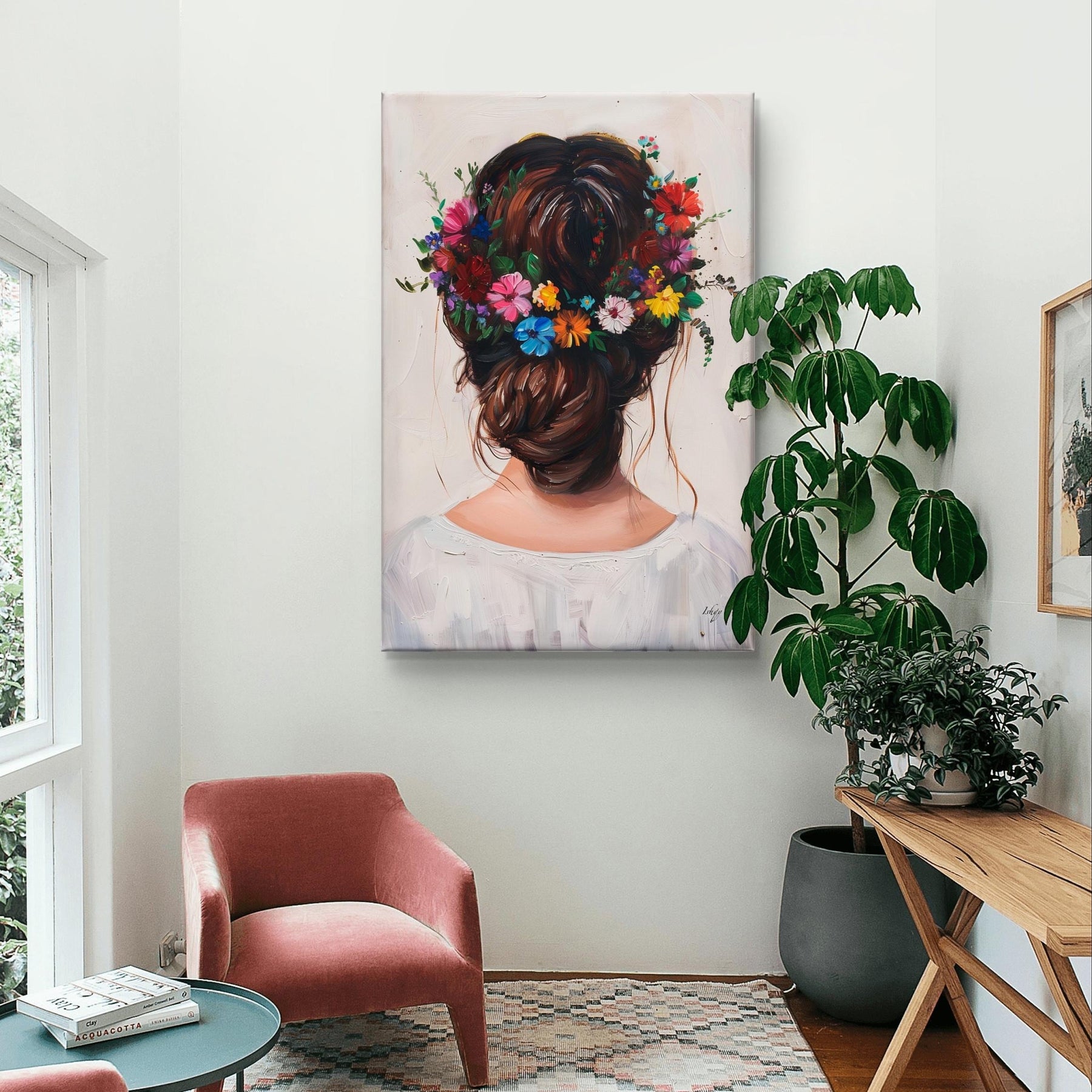 Floral Hair Wall Art, Elegant Painting Print - Romantic Back View Canvas, Nature-Inspired Decor, Perfect Gift for Bedroom or Salon Spaces