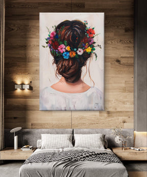 Floral Hair Wall Art, Elegant Painting Print - Romantic Back View Canvas, Nature-Inspired Decor, Perfect Gift for Bedroom or Salon Spaces