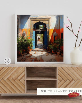 Indian Haveli Wall Art, Historic Archway Print, Vibrant Rajasthan Decor, Blue Door Painting, Courtyard Entrance Art, India Home Gift