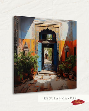 Indian Haveli Wall Art, Historic Archway Print, Vibrant Rajasthan Decor, Blue Door Painting, Courtyard Entrance Art, India Home Gift