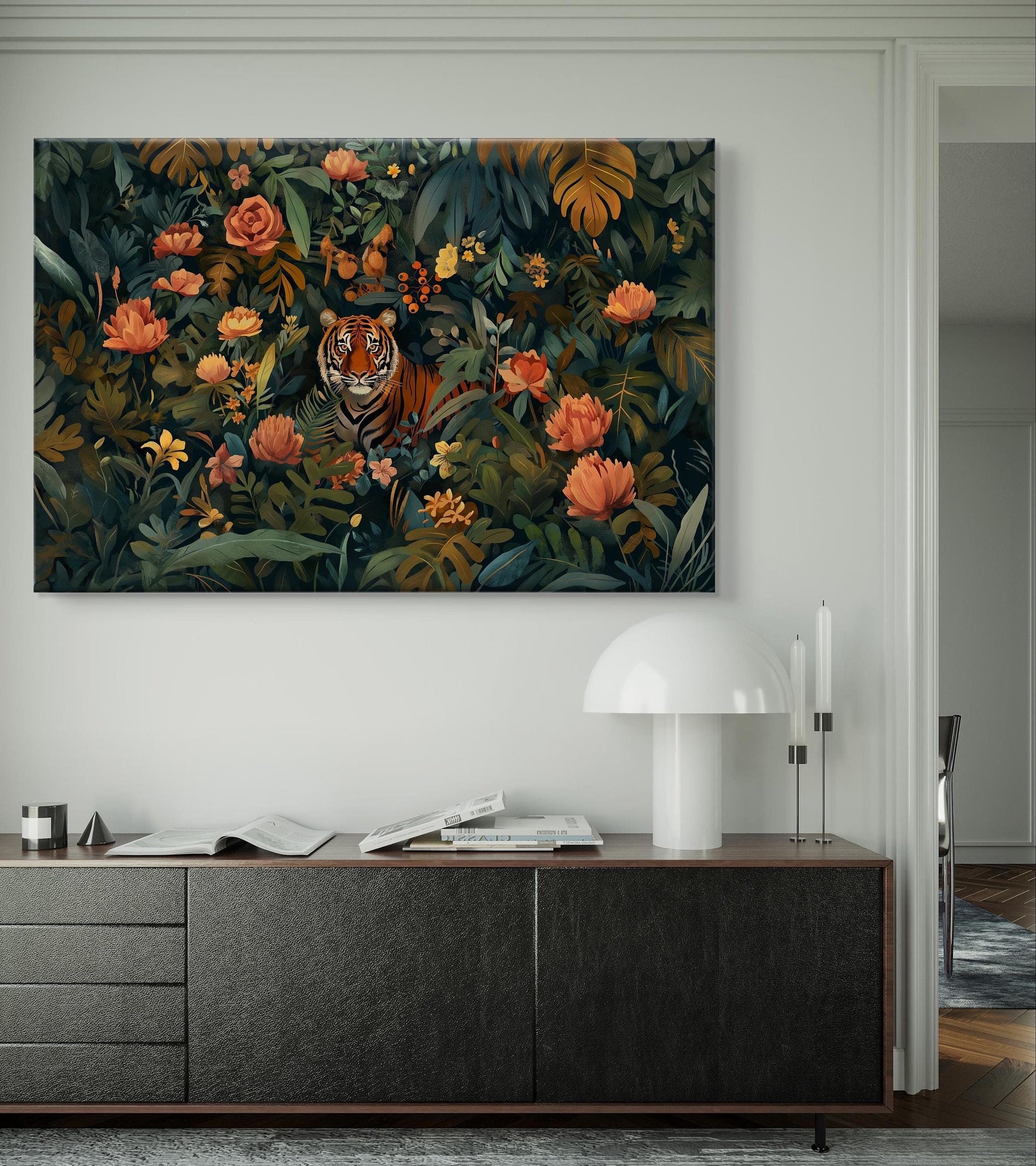 Jungle Tiger Wall Art - Exotic Wildlife Canvas, Lush Botanical Decor, Vibrant Nature Print, Tropical Home Artwork, Majestic Animal