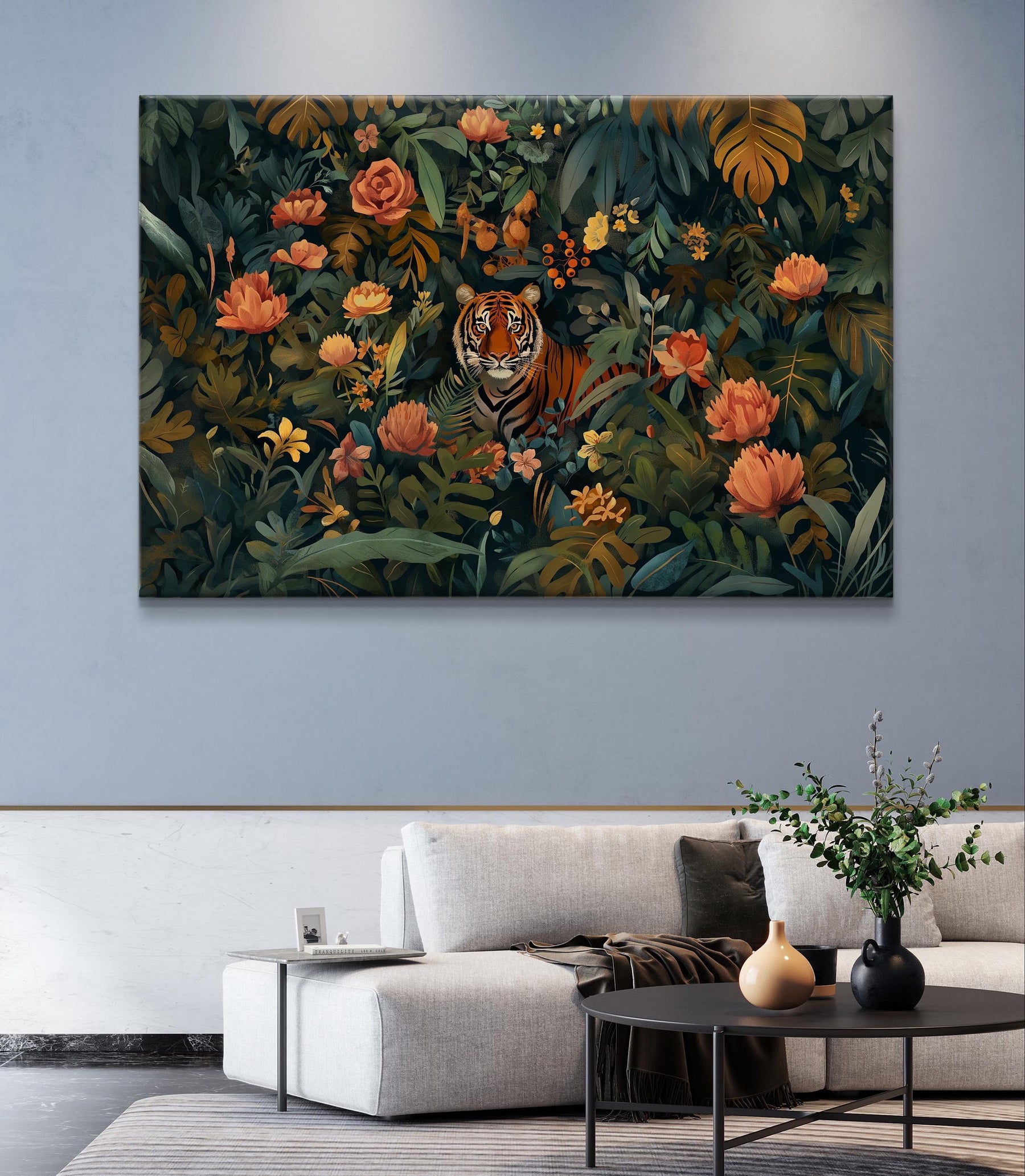 Jungle Tiger Wall Art - Exotic Wildlife Canvas, Lush Botanical Decor, Vibrant Nature Print, Tropical Home Artwork, Majestic Animal