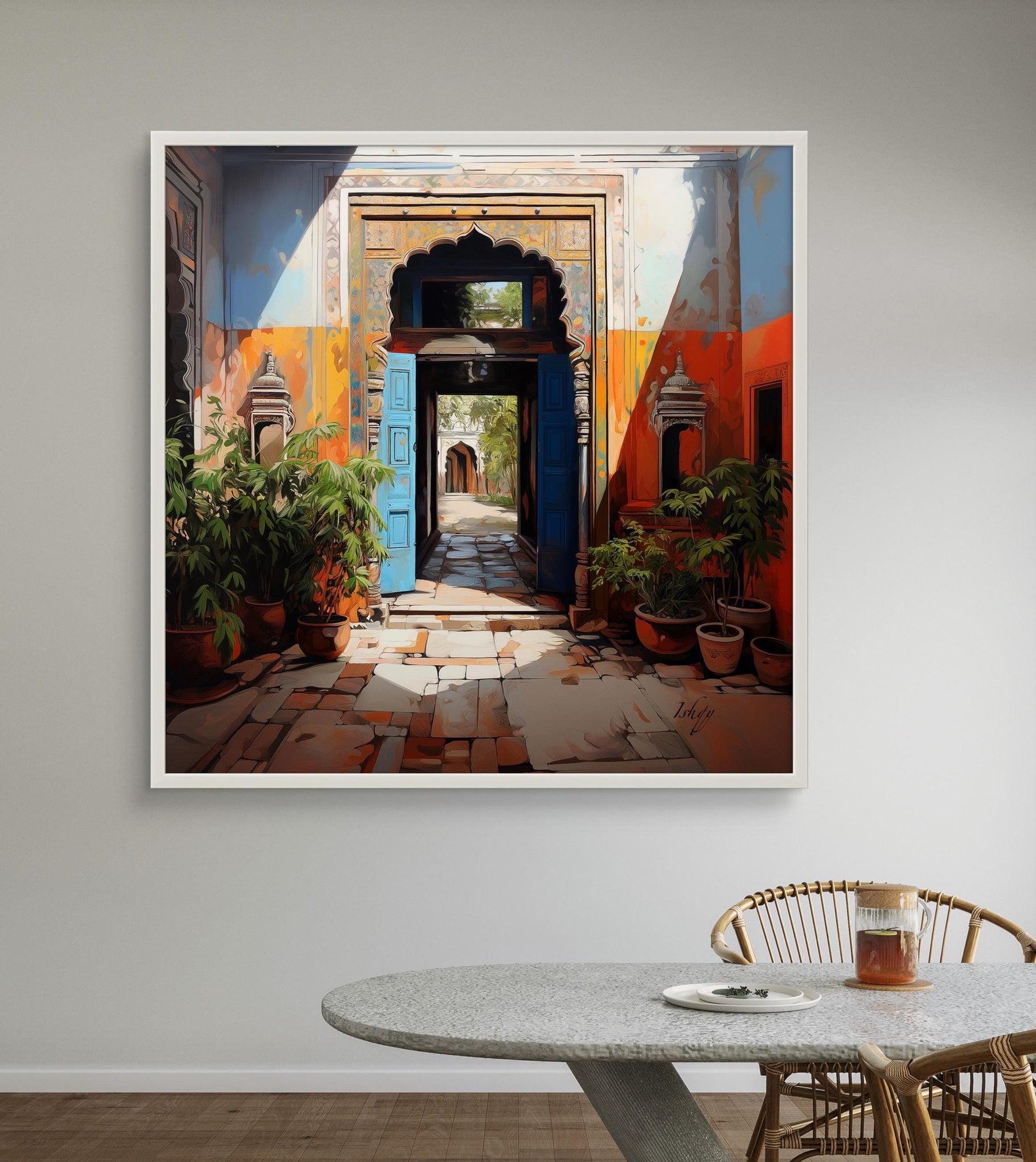 Indian Haveli Wall Art, Historic Archway Print, Vibrant Rajasthan Decor, Blue Door Painting, Courtyard Entrance Art, India Home Gift