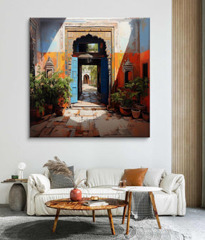 Indian Haveli Wall Art, Historic Archway Print, Vibrant Rajasthan Decor, Blue Door Painting, Courtyard Entrance Art, India Home Gift