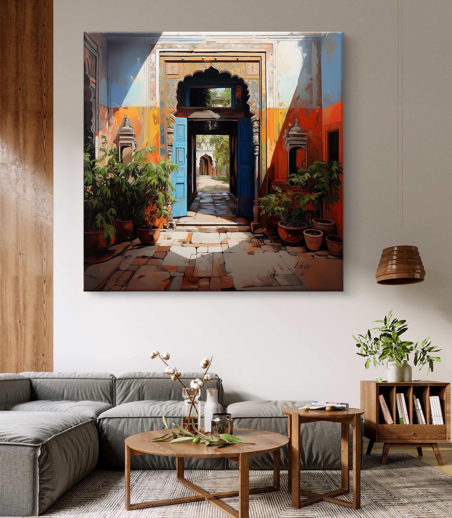 Indian Haveli Wall Art, Historic Archway Print, Vibrant Rajasthan Decor, Blue Door Painting, Courtyard Entrance Art, India Home Gift