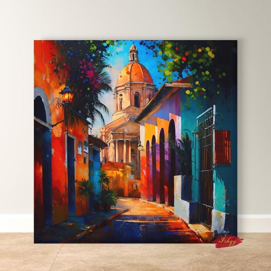 Santo Domingo Wall Art, Colonial Dome Print - Vibrant Caribbean Street Scene, Framed Historic Travel Decor, Colorful Latin American Gift
Santo Domingo Art, Framed Dominican Painting Print, Vibrant Cityscape Decor, Cultural Wall Art, Travel Print, Colorful Living Room Decor
Colorful painting of a colonial street in Santo Domingo with vibrant buildings and a large domed church at the end of the cobbled path.