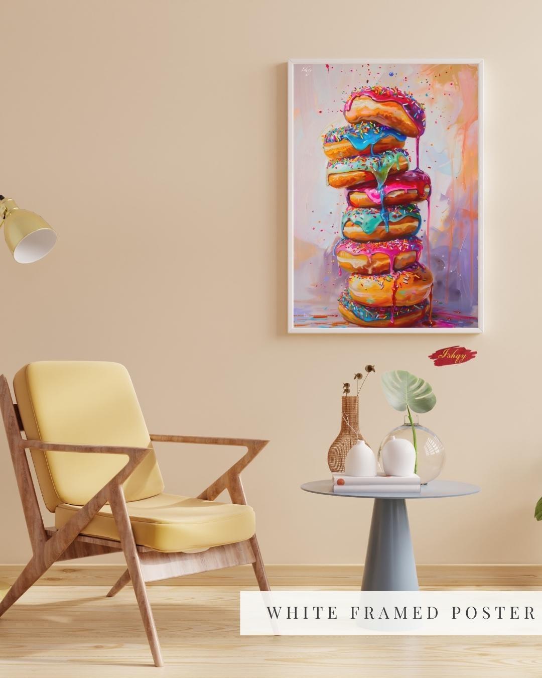 Donut Wall Art, Coffee Shop Decor, Colorful Donut Print, Framed Cafe Art, Vibrant Bakery Decor, Playful Kitchen Art, Living Room Wall Decor