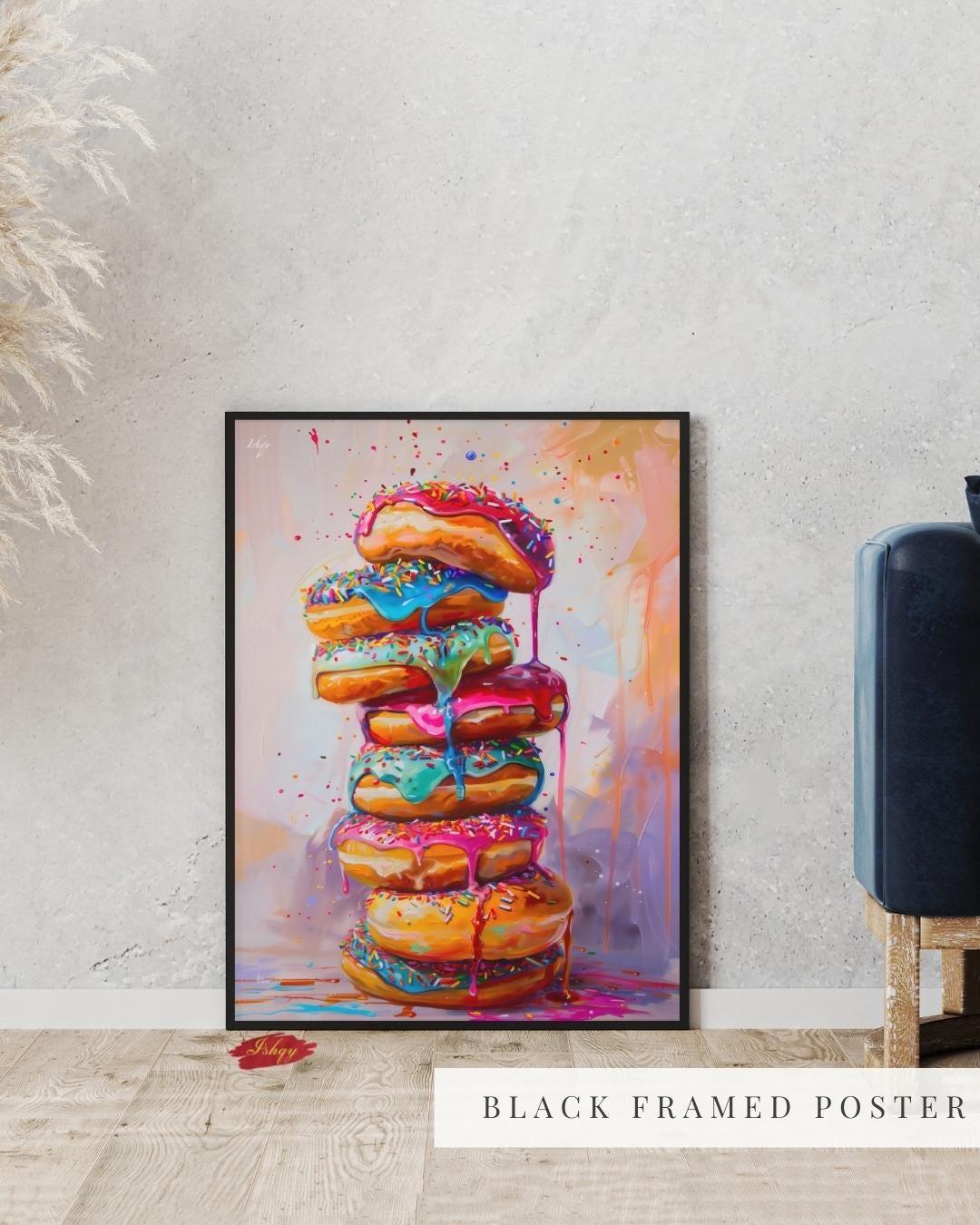 Donut Wall Art, Coffee Shop Decor, Colorful Donut Print, Framed Cafe Art, Vibrant Bakery Decor, Playful Kitchen Art, Living Room Wall Decor
