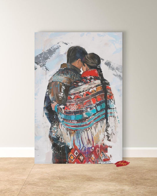 IshqyBusiness - [SEO TITLE] - Sami Love Wall Art Print, Arctic Couple Hug Poster, Indigenous Nordic Decor, Scandinavian Textile Art, Cultural Romance Painting Print