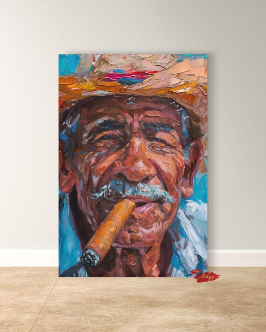 IshqyBusiness - [SEO TITLE] - Salvadorian Man Wall Art Print - Cigar Portrait Painting Latin American Decor Rustic Wall Decor Colorful Canvas Art Print Home Poster