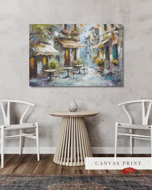 IshqyBusiness - [SEO TITLE] - European Street Café Canvas, Oil Painting Print of Mediterranean Alley, Horizontal Wall Art for Kitchen, Dining Room, Living Room Home Decor