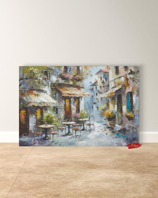 IshqyBusiness - [SEO TITLE] - European Street Café Canvas, Oil Painting Print of Mediterranean Alley, Horizontal Wall Art for Kitchen, Dining Room, Living Room Home Decor