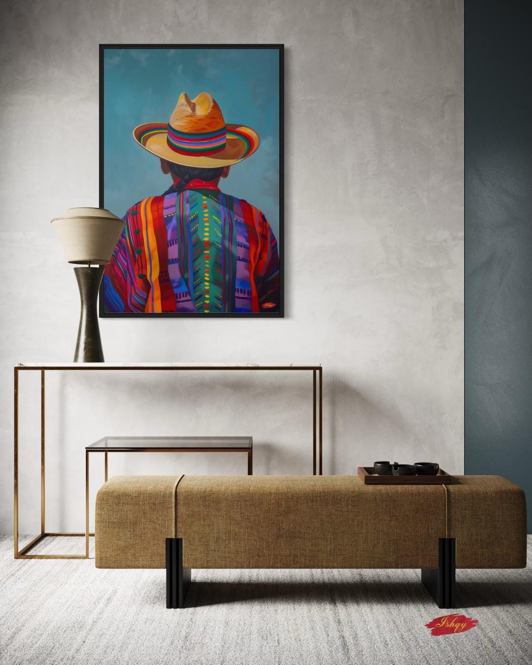 Chilean Cowboy Canvas Print – Vertical Oil Painting of Huaso in Hat and Chamanto, Latin American Wall Art for Cultural, Western or Rustic Home Decor

Oil painting-style vertical canvas of a Chilean cowboy (huaso) from behind, in a woven chamanto and colorful brimmed hat on a blue backdrop.