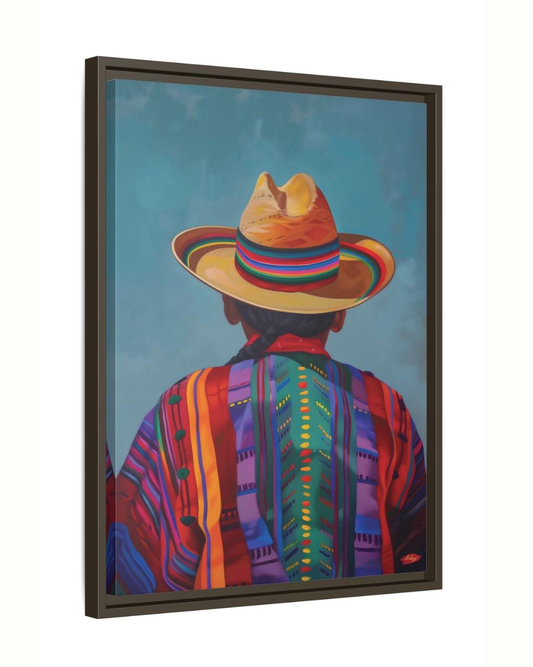 Chilean Cowboy Canvas Print – Vertical Oil Painting of Huaso in Hat and Chamanto, Latin American Wall Art for Cultural, Western or Rustic Home Decor

Oil painting-style vertical canvas of a Chilean cowboy (huaso) from behind, in a woven chamanto and colorful brimmed hat on a blue backdrop.