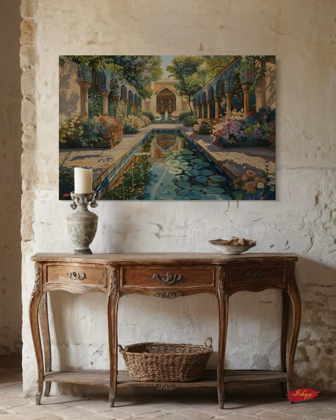 Persian Garden Wall Art Canvas Print of Shiraz Courtyard, Islamic Architecture Art Print, Colorful Floral Home Decor Landscape