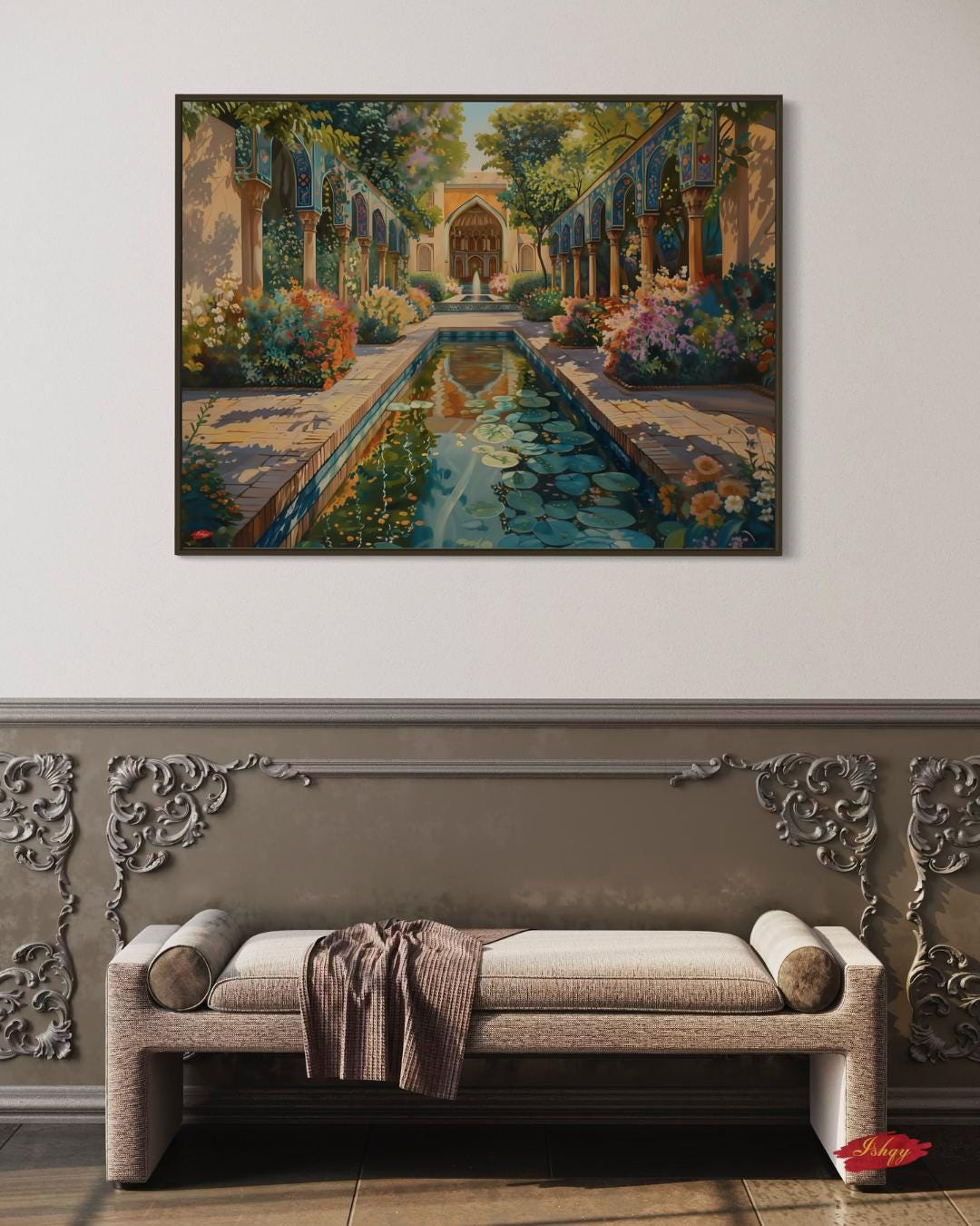Persian Garden Wall Art Canvas Print of Shiraz Courtyard, Islamic Architecture Art Print, Colorful Floral Home Decor Landscape