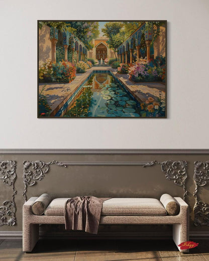 Persian Garden Wall Art Canvas Print of Shiraz Courtyard, Islamic Architecture Art Print, Colorful Floral Home Decor Landscape