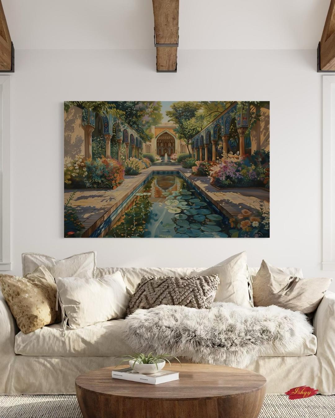 Persian Garden Wall Art Canvas Print of Shiraz Courtyard, Islamic Architecture Art Print, Colorful Floral Home Decor Landscape