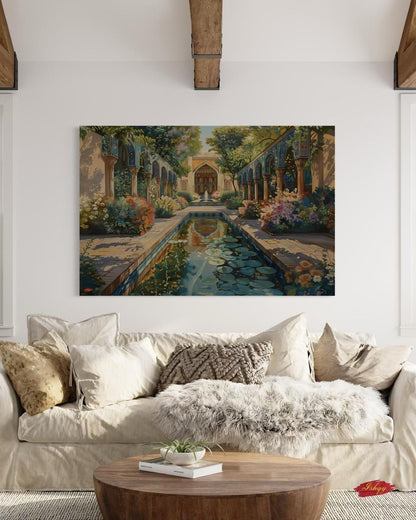 Persian Garden Wall Art Canvas Print of Shiraz Courtyard, Islamic Architecture Art Print, Colorful Floral Home Decor Landscape