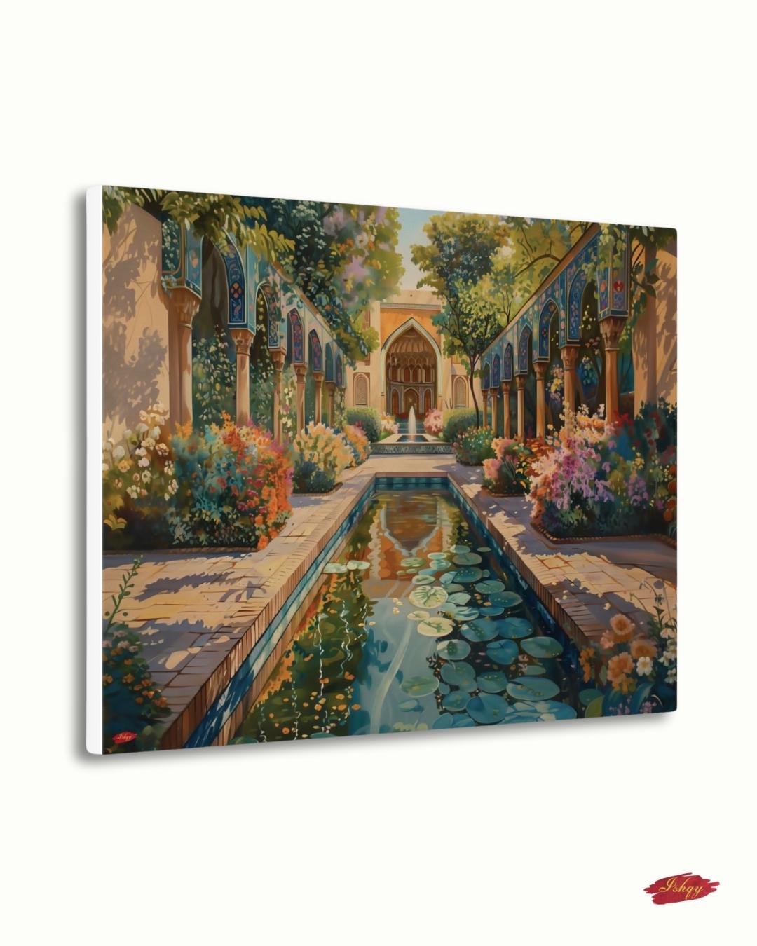 Persian Garden Wall Art Canvas Print of Shiraz Courtyard, Islamic Architecture Art Print, Colorful Floral Home Decor Landscape