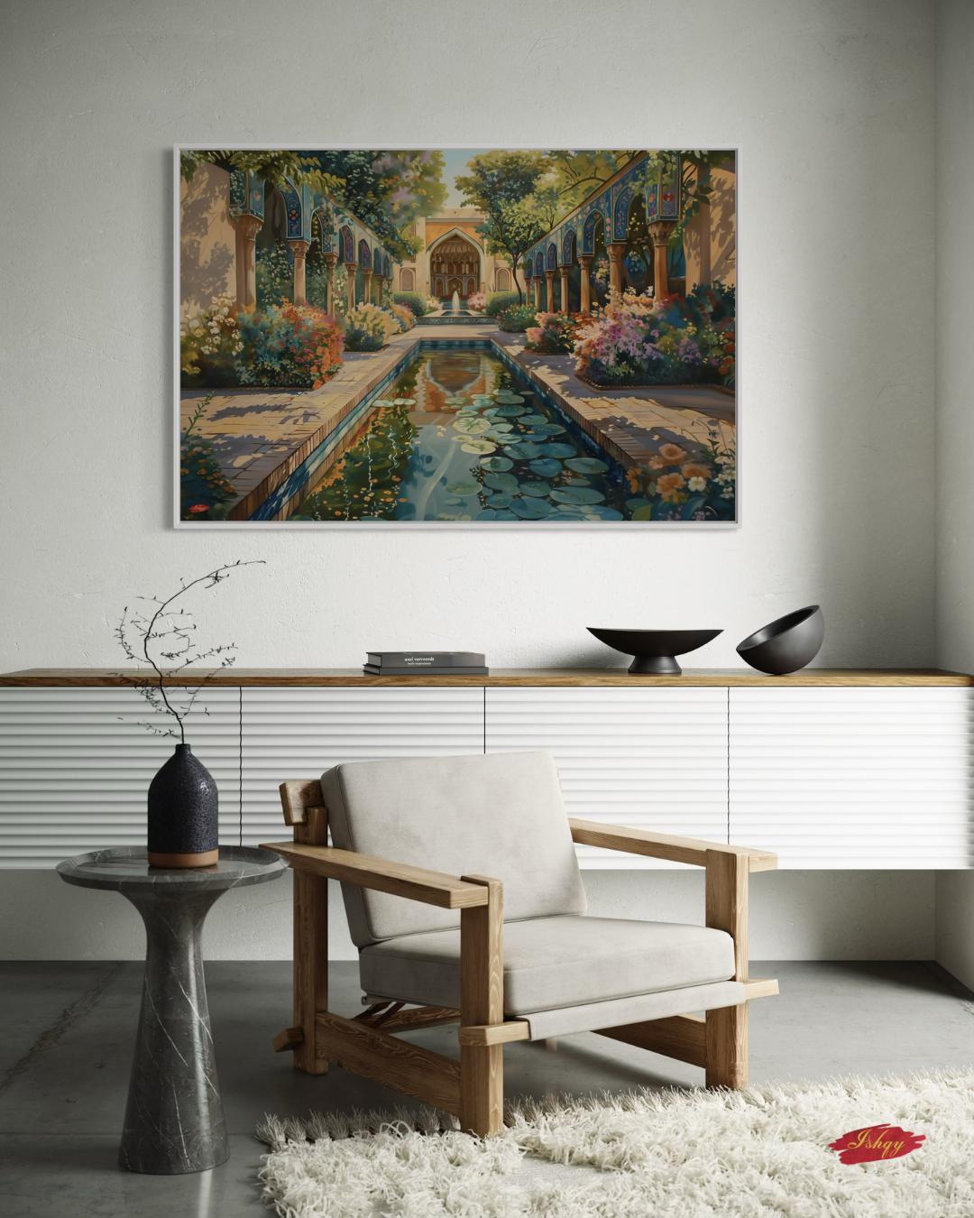 Persian Garden Wall Art Canvas Print of Shiraz Courtyard, Islamic Architecture Art Print, Colorful Floral Home Decor Landscape
