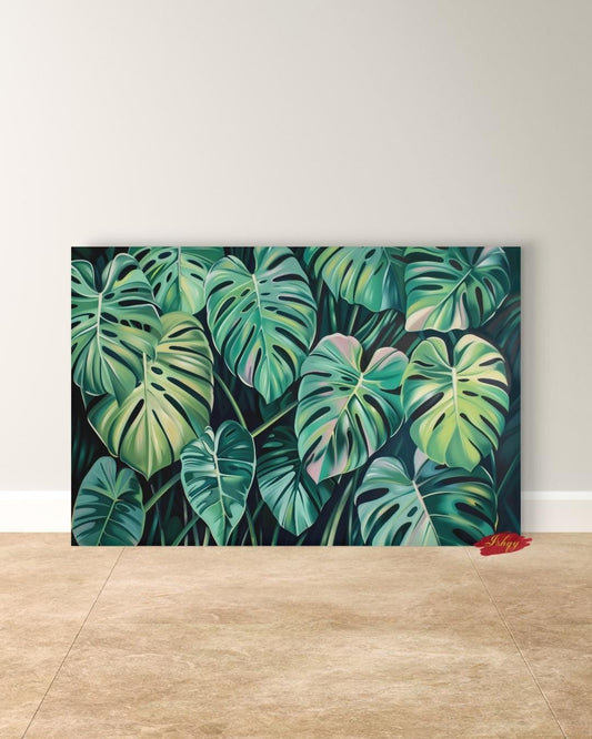 IshqyBusiness - [SEO TITLE] - Monstera Jungle Wall Art – Horizontal Tropical Botanical Canvas Print, Green and Pink Leaf Oil Painting for Modern Plant Lover Home Office