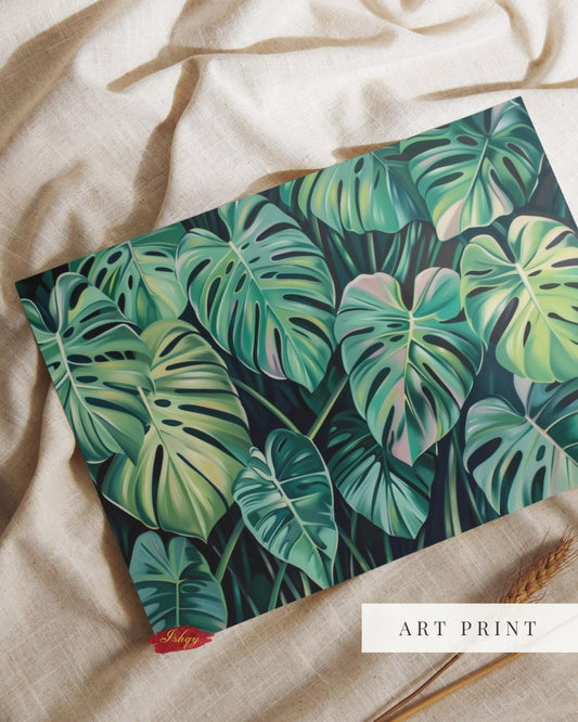IshqyBusiness - [SEO TITLE] - Monstera Jungle Wall Art – Horizontal Tropical Botanical Canvas Print, Green and Pink Leaf Oil Painting for Modern Plant Lover Home Office