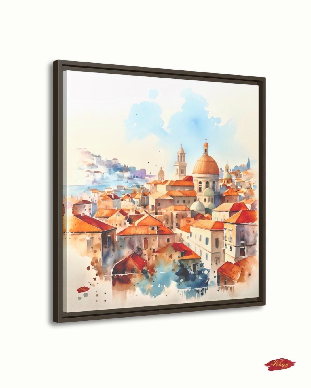 Dubrovnik Wall Art Canvas Print of Croatian Cityscape, Watercolor Painting with Terracotta Roofs, Square Travel Decor for Living Room