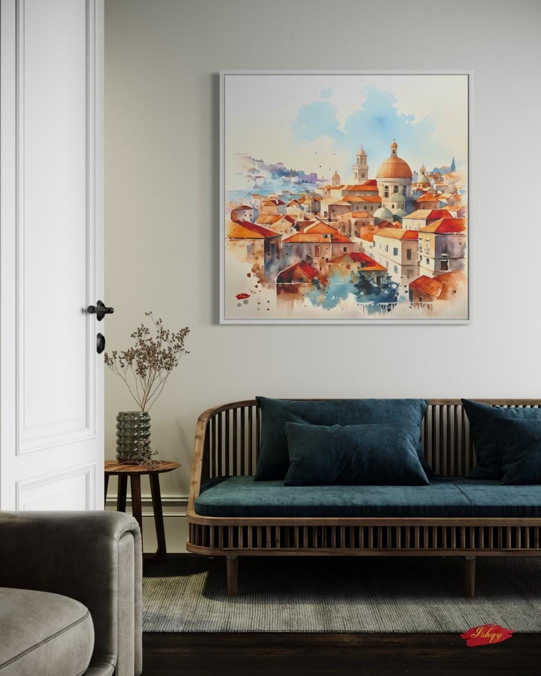 Dubrovnik Wall Art Canvas Print of Croatian Cityscape, Watercolor Painting with Terracotta Roofs, Square Travel Decor for Living Room