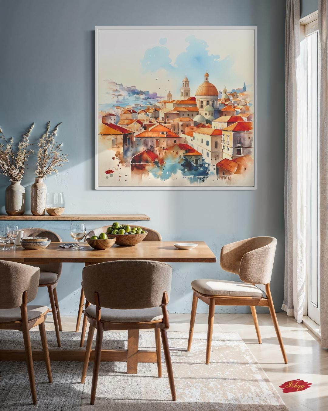 Dubrovnik Wall Art Canvas Print of Croatian Cityscape, Watercolor Painting with Terracotta Roofs, Square Travel Decor for Living Room