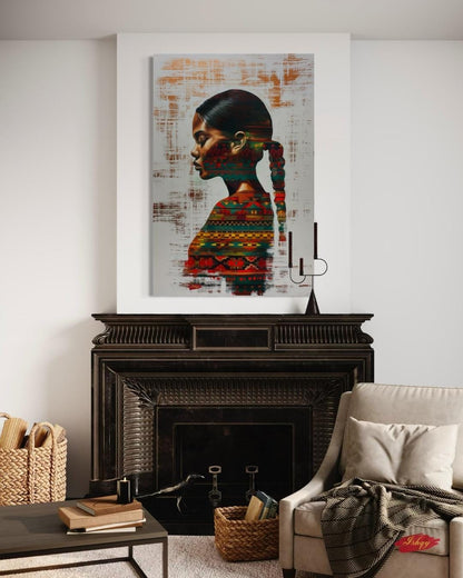 Afro-Latin Woman Wall Art Canvas Print with Colorful Ethnic Textiles, Venezuelan-Inspired Portrait Painting, Vertical Cultural Home Decor