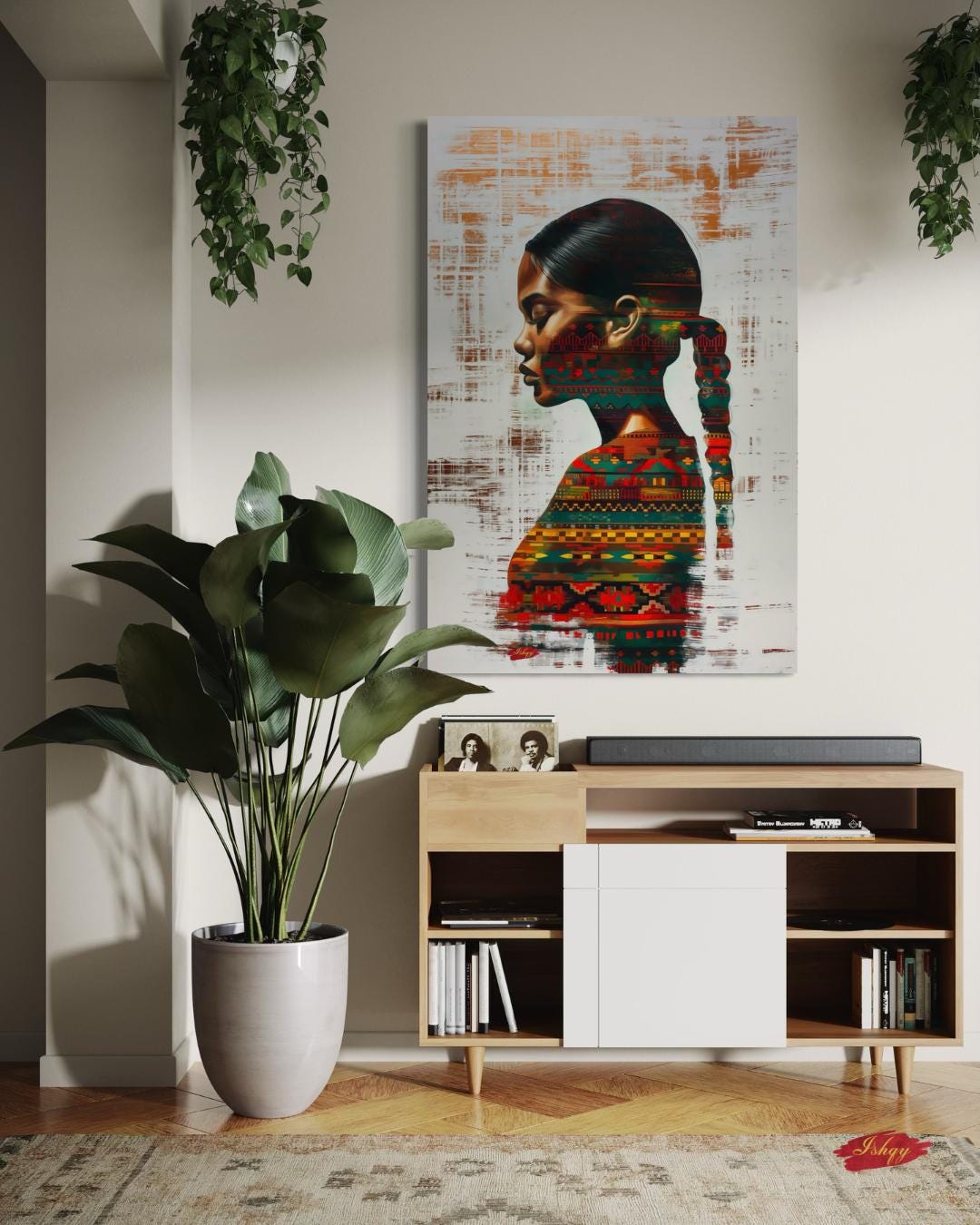 Afro-Latin Woman Wall Art Canvas Print with Colorful Ethnic Textiles, Venezuelan-Inspired Portrait Painting, Vertical Cultural Home Decor