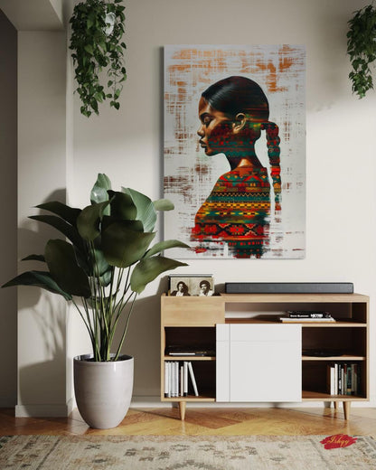 Afro-Latin Woman Wall Art Canvas Print with Colorful Ethnic Textiles, Venezuelan-Inspired Portrait Painting, Vertical Cultural Home Decor