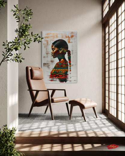 Afro-Latin Woman Wall Art Canvas Print with Colorful Ethnic Textiles, Venezuelan-Inspired Portrait Painting, Vertical Cultural Home Decor