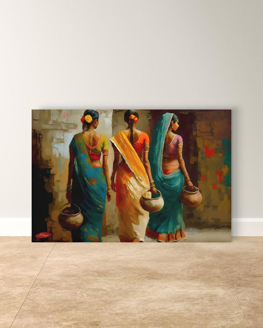 Indian Woman Canvas Wall Art with Colorful Sarees and Pots, Rural Life Painting Print, Horizontal Framed Cultural Decor for Home or Hallway