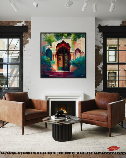 Indian Door Wall Art Canvas Print with Ornate Archway and Palace Design, Square Rajasthani Architecture Painting for Cultural Home Decor