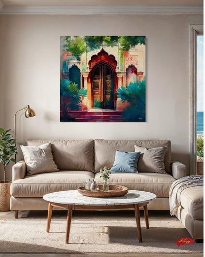 Indian Door Wall Art Canvas Print with Ornate Archway and Palace Design, Square Rajasthani Architecture Painting for Cultural Home Decor