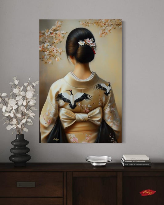 Japanese Woman in Kimono Wall Art, Geisha Back Portrait Canvas with Cherry Blossoms and Cranes, Asian Home Decor Artwork, Japanese Woman Wall Art Canvas Print with Crane Kimono and Cherry Blossoms, Vertical Asian Portrait Painting for Bedroom or Entryway