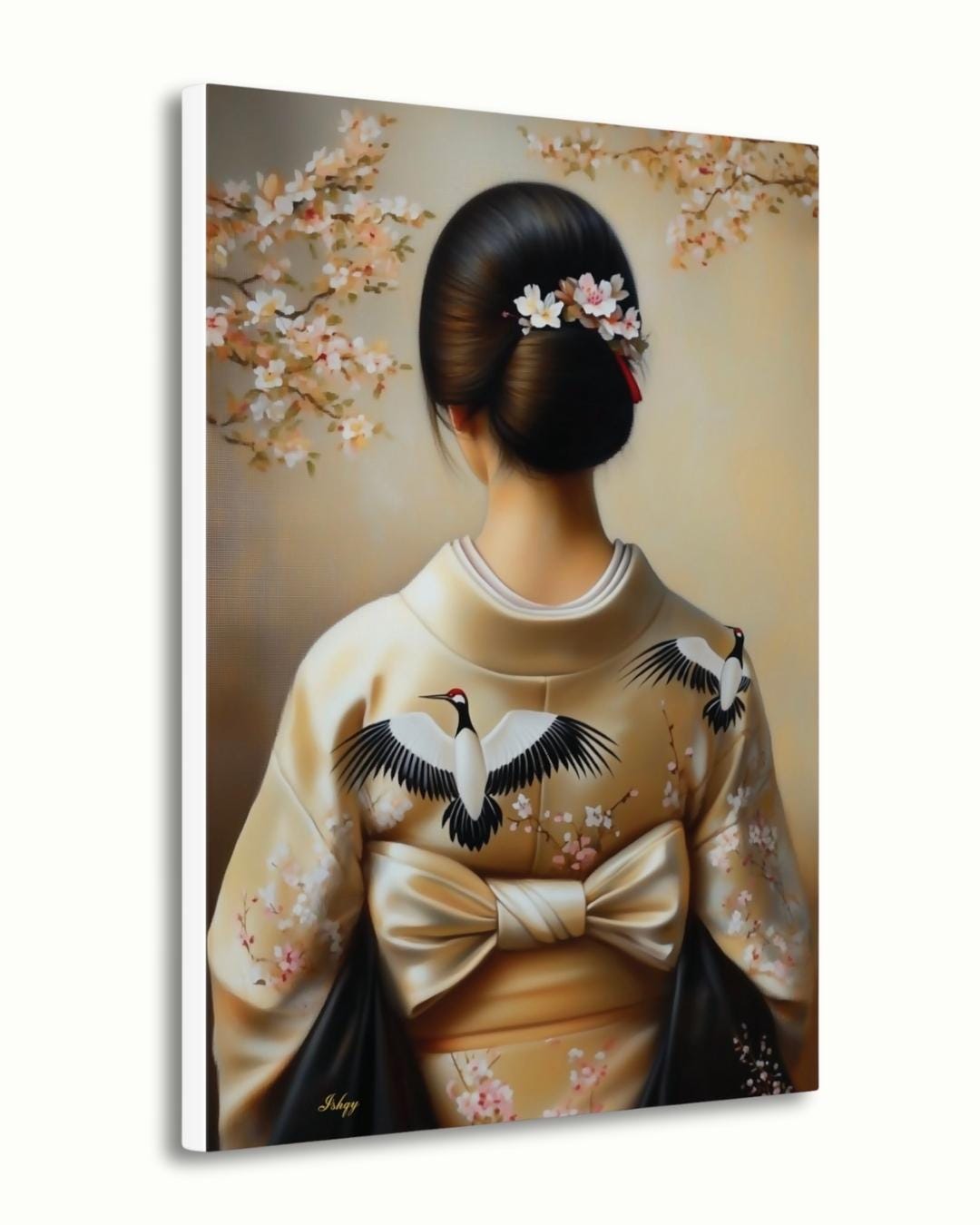 Japanese Woman in Kimono Wall Art, Geisha Back Portrait Canvas with Cherry Blossoms and Cranes, Asian Home Decor Artwork, Japanese Woman Wall Art Canvas Print with Crane Kimono and Cherry Blossoms, Vertical Asian Portrait Painting for Bedroom or Entryway