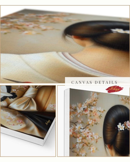 Japanese Woman in Kimono Wall Art, Geisha Back Portrait Canvas with Cherry Blossoms and Cranes, Asian Home Decor Artwork, Japanese Woman Wall Art Canvas Print with Crane Kimono and Cherry Blossoms, Vertical Asian Portrait Painting for Bedroom or Entryway