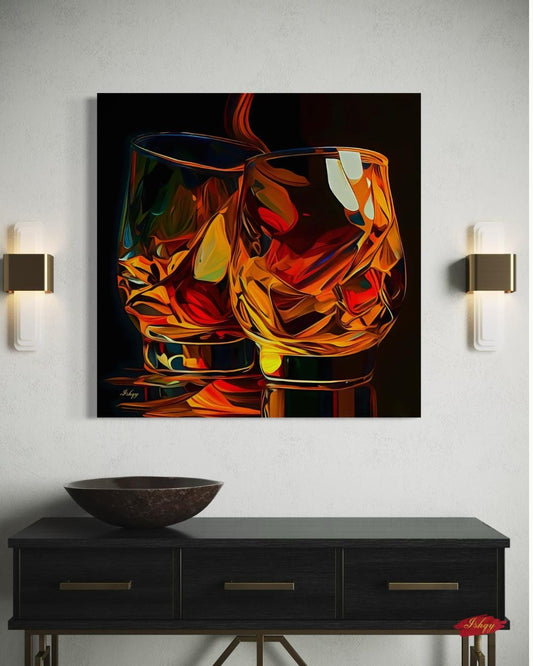 Whiskey Wall Art Canvas Print with Glass Pour Still Life, Square Bar and Lounge Decor, Bold Drink Painting for Kitchen or Home Bar Area