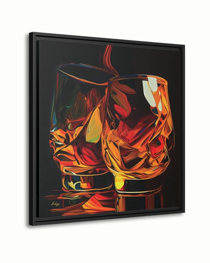 Whiskey Wall Art Canvas Print with Glass Pour Still Life, Square Bar and Lounge Decor, Bold Drink Painting for Kitchen or Home Bar Area